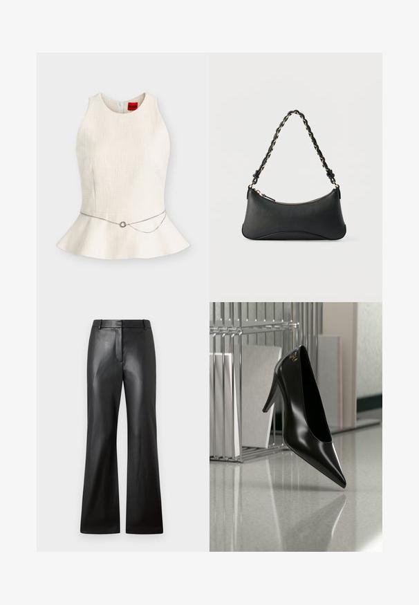 Αμάνικο λευκό τοπ με υφή και peplum, λεπτή ασημένια ζώνη-αλυσίδα με στρογγυλή αγκράφα στη μέση, τοποθετημένο σε απλό φόντο.; Μαύρο δερμάτινο παντελόνι με λεία υφή, φαρδύ σχέδιο και μέση μεσαίου ύψους που διαθέτει θηλιές ζώνης και μπροστινές τσέπες.; Μαύρο γυναικείο παπούτσι με ψηλό τακούνι και μυτερή μύτη με χρυσό λογότυπο, τοποθετημένο σε μια ανακλαστική επιφάνεια κοντά σε χρωμιωμένο μεταλλικό οργανωτή αρχείων με έγγραφα.; Μαύρη δερμάτινη τσάντα ώμου με καμπυλωτό ορθογώνιο σχήμα, χρυσή αλυσίδα υφαντή σε πλεκτό μαύρο λουράκι και επάνω φερμουάρ κλεισίματος.