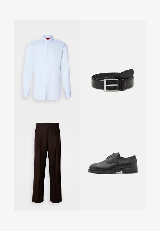 Camisa de botones de manga larga en azul claro con cuello extendido, dobladillo redondeado y botones blancos. Tejido suave con un brillo sutil.; Pantalones marrones ajustados con un diseño de pierna recta, que cuentan con un pliegue frontal, una textura suave y una cintura clásica. Adecuados para vestimenta formal.; Zapato oxford de cuero negro con punta redonda, que presenta un acabado suave, cierre de cordones con cinco ojales y un tacón bajo apilado.; Cinturón de cuero negro con un acabado brillante; cuenta con una hebilla de metal plateado con un diseño de marco rectangular y bordes suaves.
