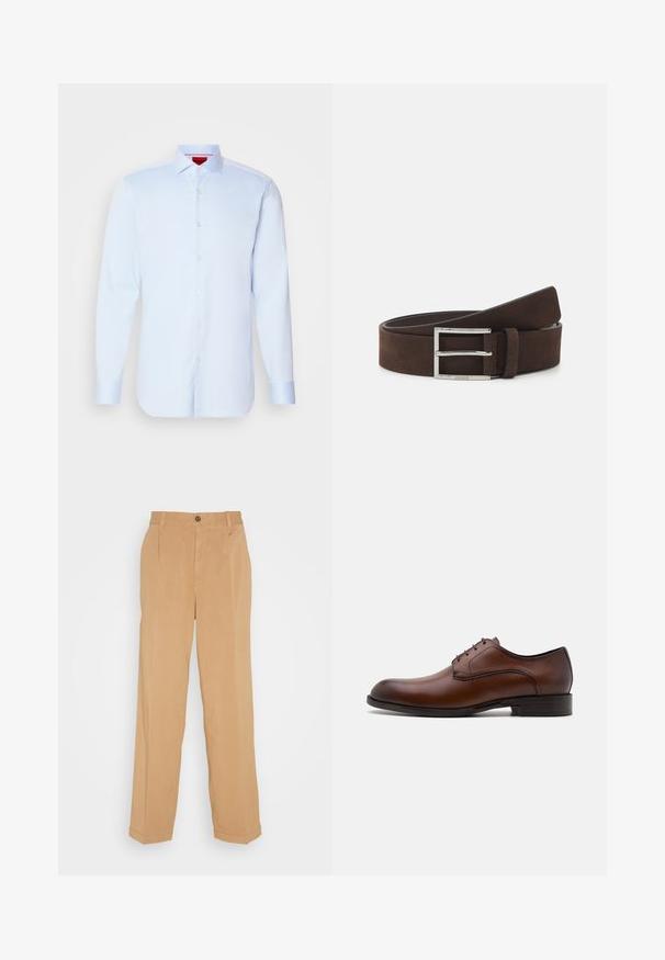 Camisa de botones de manga larga en azul claro con cuello extendido, dobladillo redondeado y botones blancos. Tejido suave con un brillo sutil.; Pantalones de pierna ancha en beige, fabricados con tejido suave, que cuentan con dos bolsillos frontales, un cierre de botón y detalles de pliegues a lo largo de las piernas.; Zapato de vestir de cuero marrón con un diseño elegante, punta redonda, cierre de cordones de cinco ojetes y un tacón bajo apilado. Presenta costuras sutiles.; Cinturón de ante marrón con una hebilla de metal en tono plateado, con un diseño de doble anclaje y bordes lisos para un acabado elegante.