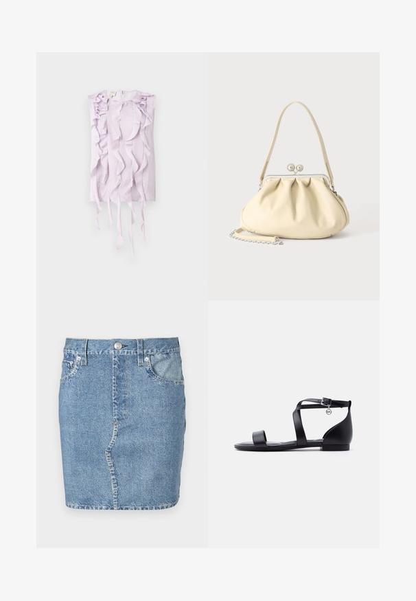 Lilla ilma varrukatega topp, millel on tekstuuriga kangas ja volditud detailid, mis langevad ette ja külgedele. Velcro sulgemine seljaosas.; Sinine teksaseest mini seelik, millel on ees nupud ja tõmblukk, vööaugud ning ees taskud, valgel taustal eksponeeritud.; Mustad lamedad sandaalid pahklaiaga, avatud varbaosaga ja väikese ümmarguse metallist ripatsiga pandla lähedal, valgel ühtlasel taustal.; Kreemjas pehme nahast käekott kogutud disainiga, hõbedane raam-lukk, lühike käepide ja eemaldatav kettaga rihm.