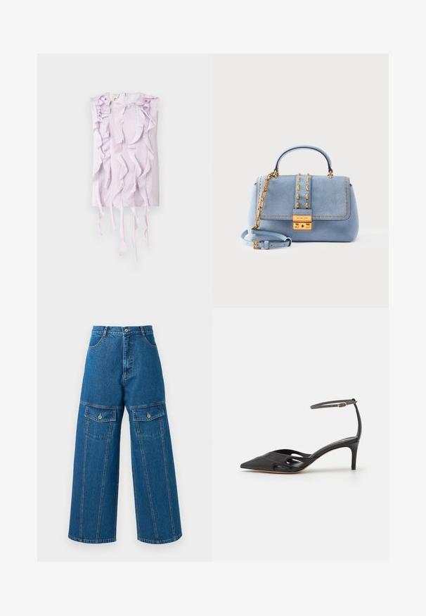 Lilla ilma varrukatega topp, millel on tekstuuriga kangas ja volditud detailid, mis langevad ette ja külgedele. Velcro sulgemine seljaosas.; Heledad denim püksid helesinises toonis, millel on kõrge vöökoht, nähtavad õmblused ja kaks nööbiga klapp-taskut igal küljel.; Must mustaharjal süngeteisega kingad, millel on terav varvas, avatud küljed ja õhuke pahkluuring, kus on väike kuldne detail.; Hele sinine seemisnahast käekott kuldsete naeltega, kee detaljiga, ülemise käepidemega, reguleeritava rihma ja kuldse lukuga esiklapil.