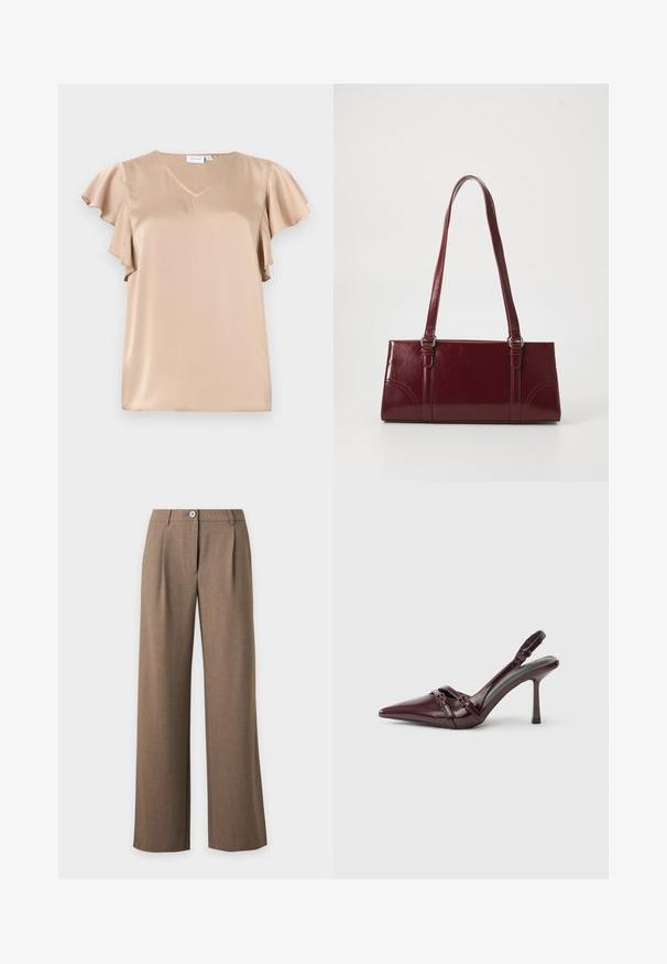 Blouse en satin beige avec manches courtes volantes et col en V, texture lisse et coupe ample.; Pantalon marron taille haute à jambes larges avec fermeture bouton et zip et plis devant sur un fond clair uni.; Escarpin slingback en cuir verni bordeaux avec bout pointu, fine bride à la cheville et petit détail décoratif de boucle. Texture lisse et talon haut.; Sac à main bordeaux en matériau brillant, de forme rectangulaire, avec deux anses et des accents légèrement courbés à l'avant.