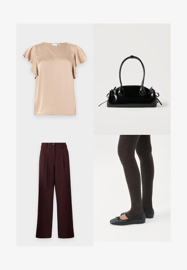 Blouse en satin beige avec manches courtes volantes et col en V, texture lisse et coupe ample.; Pantalons évasés en bordeaux foncé, avec une taille haute, deux plis à l'avant et une fermeture à deux boutons. Fabriqués en tissu texturé.; Jambes portant des leggings côtelés foncés associés à des ballerines noires avec de petits détails en nœud sur fond blanc.; Petit sac à main noir brillant avec deux longues anses et des détails à cordon sur les côtés sur un fond clair uni.