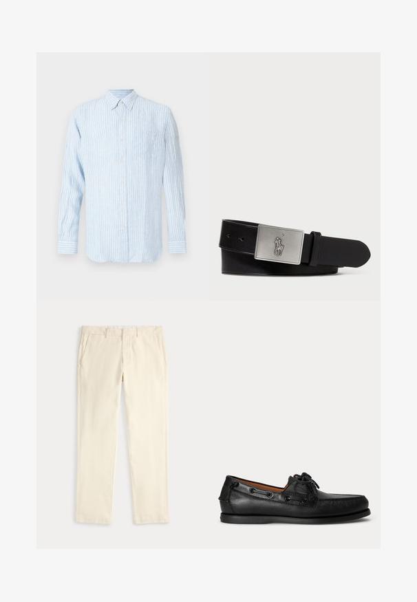 Chemise à rayures bleu clair avec boutons, manches longues, col, poche poitrine et un petit détail de logo en rose.; Pantalon droit de couleur crème avec passants de ceinture et poches latérales, présenté à plat sur un fond clair.; Mocassin en cuir noir avec détail lacé et semelle basse en caoutchouc, présenté de profil sur un fond clair uni.; Ceinture en cuir noir avec une boucle en métal argenté rectangulaire ornée d'un logo embossé de cavalier, texture lisse et cinq trous.