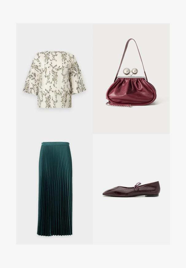Haut brodé de fleurs en crème, avec des manches courtes et larges et une surface texturée ornée de motifs floraux vert foncé et beige.; Jupe plissée mi-longue vert foncé avec une taille ajustée et des plis verticaux uniformément espacés.; Ballerines en cuir verni bordeaux avec un bout pointu et un nœud décoratif violet sur le cou-de-pied ; design à semelle plate.; Petit sac à main en cuir bordeaux avec des détails froncés, une fine bandoulière et une fermeture argentée comportant deux gros boutons ronds.
