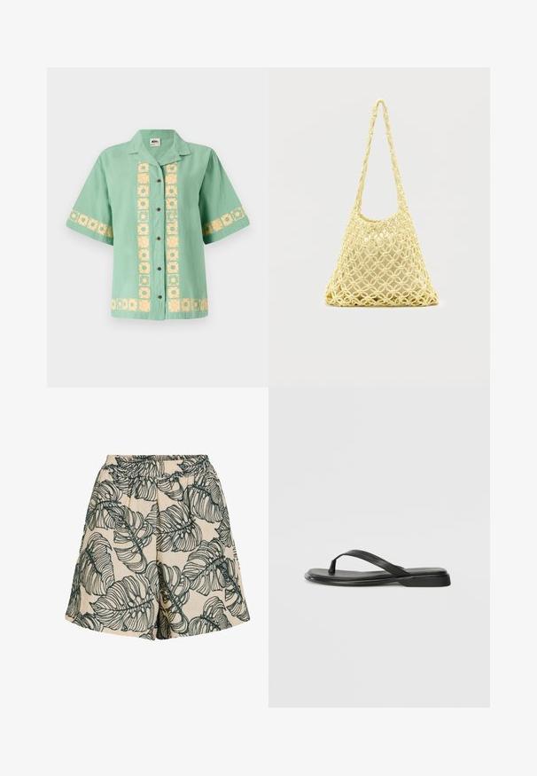 Grøn kortærmet skjorte med krave, prydet med et gult blomster mønster langs fronten og ærmerne. Ensartet knaplukning. Blød tekstur.; Beige shorts med elastisk linning, dekoreret med store tropiske blade med mørkegrønne omrids.; Sorte flip-flops lavet af glat læder, med et tyndt remdesign og en flad sål med et minimalt profil. Ingen bemærkelsesværdige mønstre eller accenter.; Gul makramé-nettaske med lang rem og beige pose indeni, vist på en ensartet hvid baggrund.