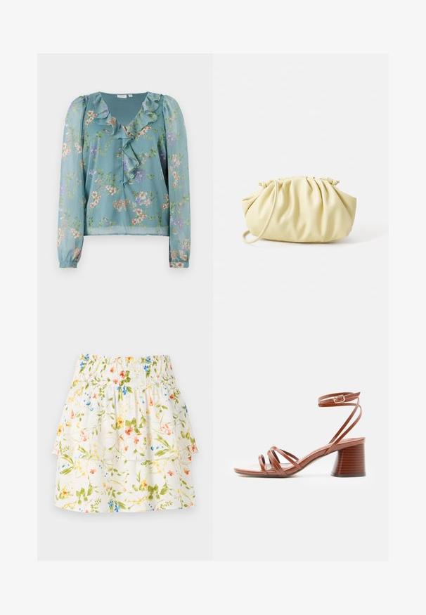 Blouse florale en tissu léger teal transparent ; présente un col froncé, des manches longues et de petits motifs de fleurs multicolores sur l'ensemble.; Jupe à motifs floraux avec une taille smockée, des couches volantes et un fond blanc ornée de fleurs vertes, rouges et bleues.; Sandale marron à brides avec talon bloc et boucle à la cheville, design minimaliste, texture en cuir lisse, vue de côté sur fond uni.; Sac à main plissé jaune en simili cuir lisse, arborant une forme douce avec une bandoulière unique et un design froncé sur le dessus.
