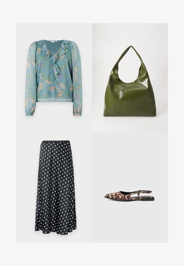 Blusa floral en tela translúcida de un suave azul verde; presenta un escote con volantes, mangas largas y pequeños patrones de flores multicolores en toda la prenda.; Falda negra con lunares blancos, con cintura elástica. Diseño fluido y textura suave, que llega hasta la mitad de la pantorrilla.; Zapato plano slingback con estampado de leopardo, punta afilada, lados abiertos y pequeño tacón negro. El material parece suave con un ligero brillo.; Bolsa hobo verde de cuero con un diseño suave, asa curvada y textura lisa. No contiene hardware visible ni acentos.