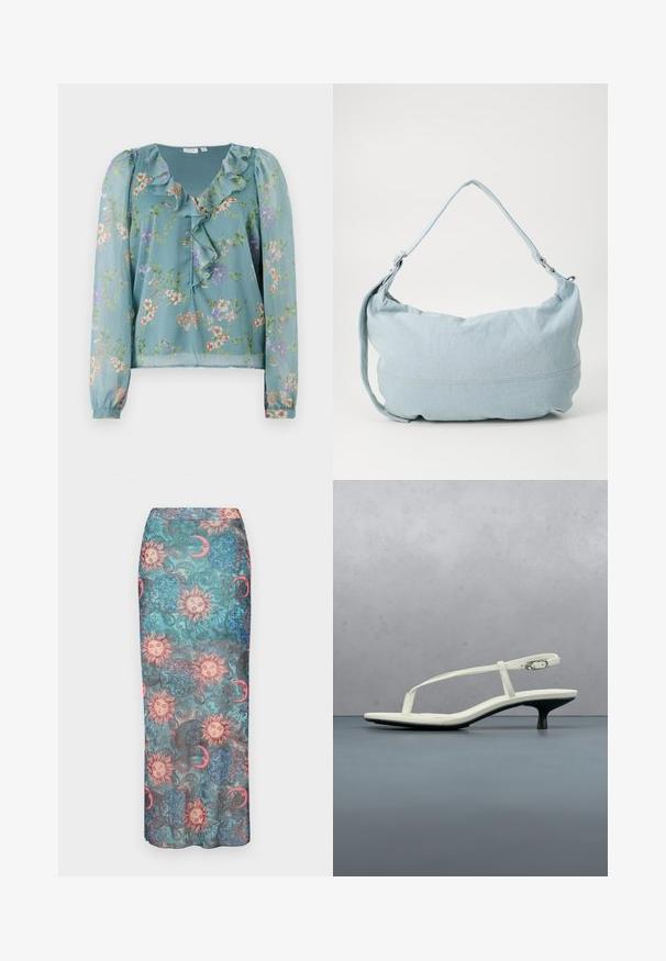 Bloemenblouse van doorschijnende lichtgroene stof; voorzien van een rimpelnek, lange mouwen en kleine multiculturele bloemenpatronen in het geheel.; Lange, aansluitende rok met een multikleurige print van zonnen, manen en sierlijke patronen op een gestructureerde turquoise achtergrond.; Witte sandaal met smalle bandjes en kitten heel, met een spitse neus, zwevend boven een houten tegelvloer buiten, met op de achtergrond een wazige plant en muur.; Lichtblauwe denim schoudertas met een ronde vorm, verstelbare schouderband en subtiele stiksels langs de onderrand. Zachte textuur.