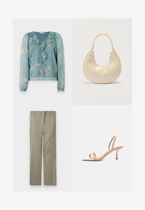 Blusa floral en tela translúcida de un suave azul verde; presenta un escote con volantes, mangas largas y pequeños patrones de flores multicolores en toda la prenda.; Pantalones en verde oliva claro, de corte ajustado, con delantero plano, dos bolsillos laterales y una tela suave y texturizada. Sin patrones ni acentos visibles.; Sandalia beige de tacón alto con tiras finas sobre los dedos y alrededor del talón, con puntera cuadrada y tacón de aguja delgado sobre fondo blanco.; Bolso de mano color crema en forma de media luna con un asa corta que presenta un detalle metálico dorado y cierre lateral con cremallera.