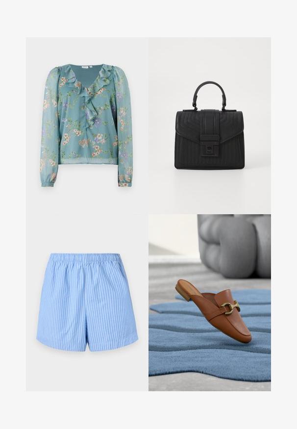 Blouse florale en tissu léger teal transparent ; présente un col froncé, des manches longues et de petits motifs de fleurs multicolores sur l'ensemble.; Shorts bleu ciel avec des rayures verticales blanches, taille élastique, longueur mi-cuisse et texture en coton lisse.; Mocassin en cuir marron à enfiler avec détail mors doré, posé sur un tapis bleu texturé avec un meuble gris coussiné en arrière-plan.; Sac à main en cuir noir avec une texture matelassée, de forme rectangulaire, une anse supérieure et un rabat frontal doté d'un fermoir en métal argenté.