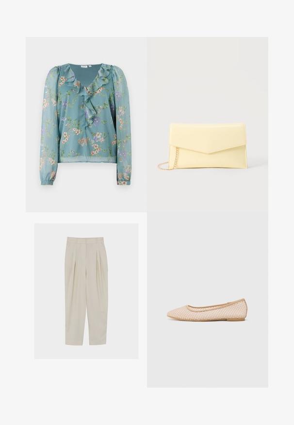 Blusa floral en tela translúcida de un suave azul verde; presenta un escote con volantes, mangas largas y pequeños patrones de flores multicolores en toda la prenda.; Pantalones beige de talle alto, confeccionados con pinzas, bolsillos laterales, trabillas para cinturón y cierre frontal con cremallera.; Bailarinas con puntera afilada, fabricadas de material beige trenzado, que cuentan con una suela flexible y un borde liso.; Bolso de mano rectangular de color amarillo pálido con solapa puntiaguda y cadena dorada sobre un fondo neutro.