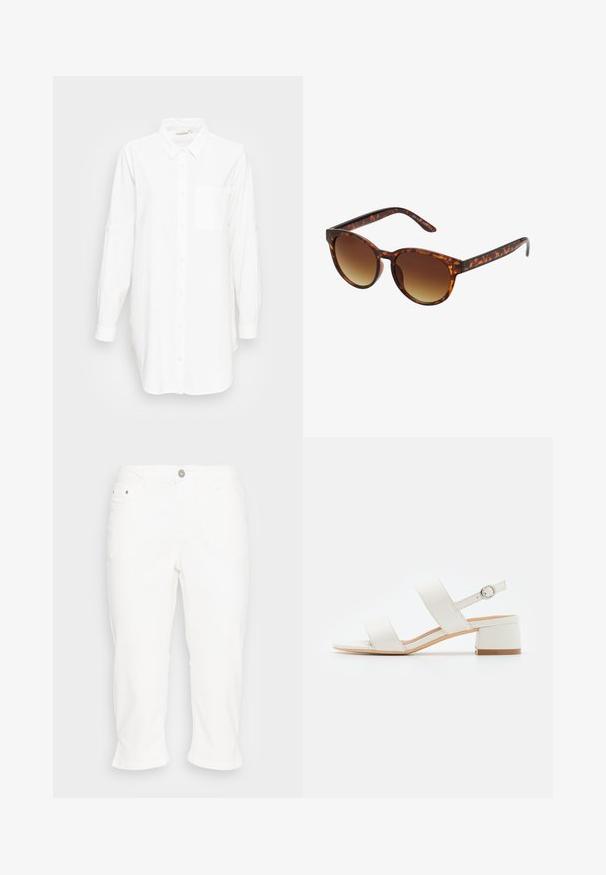 Chemise blanche à manches longues avec col et poche poitrine, présentée sur un fond gris clair uni.; Kaffe KAZELINA - Jean droit - chalk; Sandales à talons blancs avec deux larges lanières et une fermeture à boucle à l'arrière. Présentent un bout carré et un petit talon bloc. Texture lisse.; Lunettes de soleil écaille de tortue avec une forme vintage œil de chat, verres dégradés marron et finition lisse et brillante sur les montures et les branches.