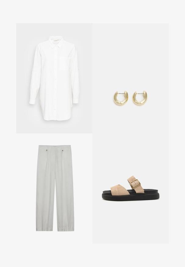 Chemise blanche à manches longues avec col et poche poitrine, présentée sur un fond gris clair uni.; Pantalons taille haute en gris clair, à jambes larges, fabriqués en tissu doux. Comprend deux plis avant, deux boutons de fermeture et une texture lisse.; Sandales en suède beige avec une bride incurvée, une boucle dorée et une semelle en platform noire. Design plat adapté pour le port décontracté.; Boucles d'oreilles en or avec une finition lisse et polie. Doté d'une forme en demi-cercle et d'une fermeture à tige sécurisée.