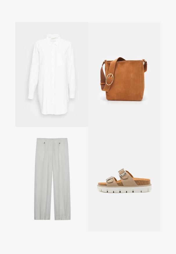 Chemise blanche à manches longues avec col et poche poitrine, présentée sur un fond gris clair uni.; Pantalons taille haute en gris clair, à jambes larges, fabriqués en tissu doux. Comprend deux plis avant, deux boutons de fermeture et une texture lisse.; Sandales à glissière beige avec deux brides réglables, semelle intermédiaire en liège et semelle extérieure en caoutchouc blanc avec un motif texturé.; Sac à main en daim couleur caramel, de forme plate et rectangulaire, avec une large sangle en cuir et une grande boucle en métal circulaire.