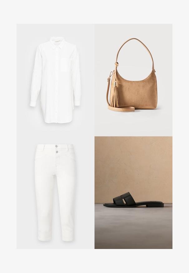 Chemise blanche à manches longues avec col et poche poitrine, présentée sur un fond gris clair uni.; Jean blanc court en tissu mélangé coton. Dispose de deux poches avant, deux poches arrière et d'une finition lisse. Fermeture à bouton en métal.; Sandale slide en cuir noir avec larges brides et semelle plate flottant au-dessus d'un tapis beige et d'un fond de canapé.; Sac à main en daim marron clair avec une seule bandoulière, une bandoulière amovible pour porter en travers du corps, et un détail de pompon en daim assorti.