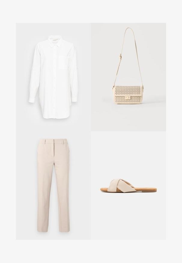 Chemise blanche à manches longues avec col et poche poitrine, présentée sur un fond gris clair uni.; Pantalon beige ajusté à jambe droite avec passants de ceinture, fermeture éclair frontale et bouton, sur un fond clair uni.; Sandale beige à enfiler avec un design noué, fabriquée en matériau lisse. Présente une semelle plate avec une finition naturelle texturée.; Sac à bandoulière beige avec motif floral perforé, fermeture à rabat, forme rectangulaire et sangle ajustable.
