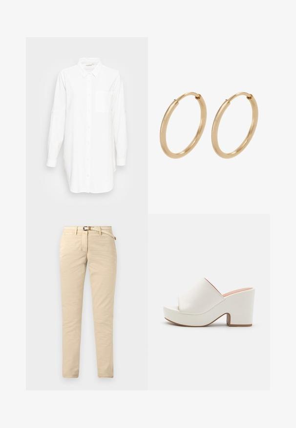 Chemise blanche à manches longues avec col et poche poitrine, présentée sur un fond gris clair uni.; Chinos beige en coton avec une texture lisse, dotés d'une ceinture tissée et de poches standard. Coupe slim avec des jambes droites.; Mules à plateforme blanches avec une finition lisse, un design ouvert à l'avant et un talon épais. Présentent une couture supérieure subtile et une semelle contrastante.; Boucles d'oreilles en or en forme de créoles, avec une finition lisse et polie. Forme arrondie, de taille moyenne, dotées d'un mécanisme de fermeture sécurisé.