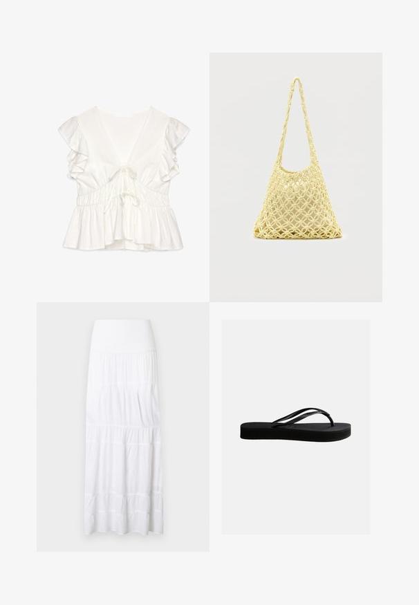 Top peplum blanco hecho de una tela ligera, con un profundo escote en V, mangas cortas con volantes, cordón ajustable y detalle de cintura fruncida.; Falda larga blanca de volantes hecha de tela ligera. Cuenta con una cinturilla elástica y una textura sutil con costuras horizontales.; Chancla negra de goma con suela texturizada y correa en forma de Y, mostrada en vista lateral sobre un fondo liso y claro.; Bolso de red de macramé amarillo con correa larga y bolsa beige en su interior, mostrado sobre un fondo blanco liso.