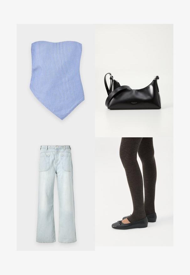 Haut sans manches à rayures verticales bleu et blanc avec un ourlet pointu. Fabriqué en tissu léger, avec une texture lisse et une coupe ajustée.; Jean en denim bleu clair à jambes larges avec taille haute, deux poches arrière et décoloration subtile, avec des accents de couture en jaune.; Jambes portant des leggings côtelés foncés associés à des ballerines noires avec de petits détails en nœud sur fond blanc.; Sac à main en cuir noir avec une texture lisse. Dispose d'une bandoulière adjustable et d'un design élégant et minimaliste avec une fermeture éclair.