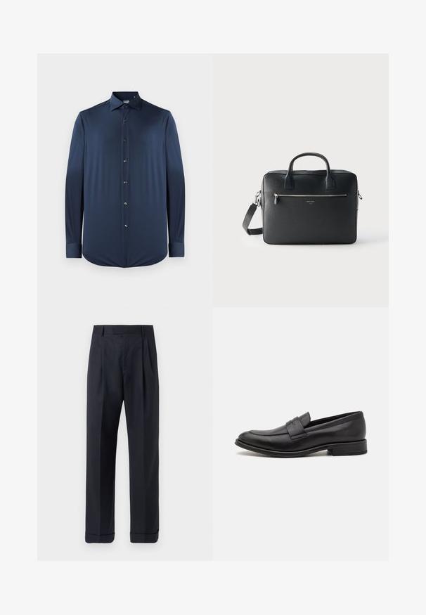 Marineblauwe longsleeve shirt van gladde stof, met een puntige kraag, een knoopsluiting aan de voorkant en manchet met afgeronde zoom.; Tiger of Sweden TREYTON - Broek - dark ink; Zwarte leren loafers met een gladde afwerking, een decoratieve band over de bovenkant, een ronde neus en een lage gestapelde hak.; Zwarte rechthoekige leren aktetas met dubbele handvatten, voorvak met rits en afneembare schouderriem tegen een effen lichte achtergrond.