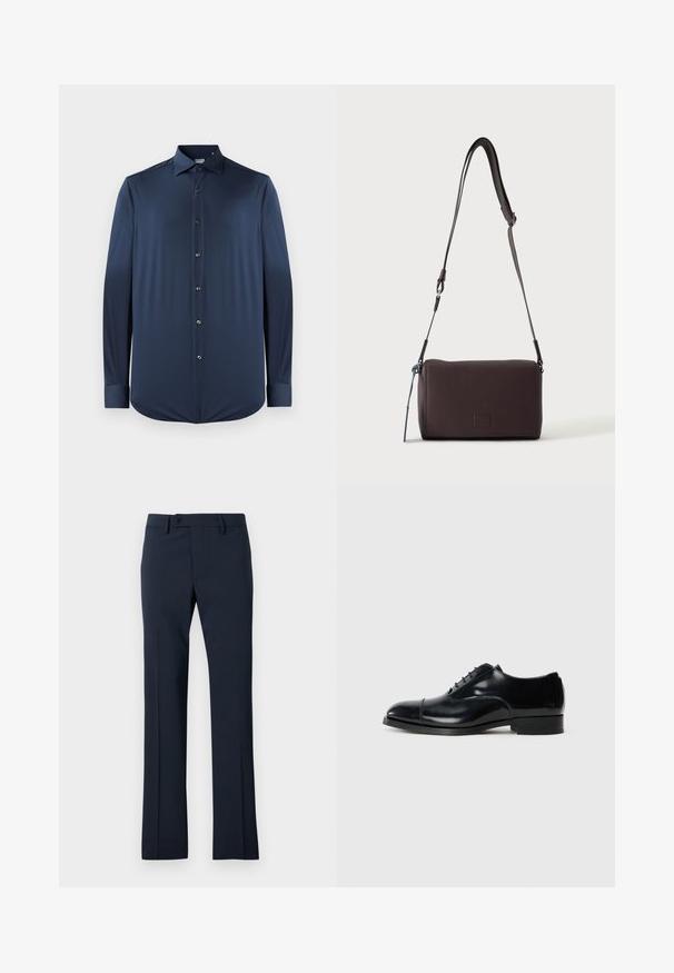 Camisa de manga larga azul marino, hecha de una tela suave, con cuello puntiagudo, cierre delantero de botones y puños con dobladillo redondeado.; Pantalones de vestir azul marino hechos de un tejido suave, con un diseño de pierna recta, cierre de botón y detalle de pliegue frontal.; Zapato de vestir negro de cuero con un acabado pulido, punta redondeada, diseño con cordones y un tacón bajo apilado, que presenta un sutil detalle de costura.; Bolso bandolera de cuero marrón oscuro con textura, correa ajustable y pequeño adorno decorativo azul en el lateral.