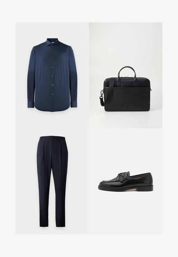 Marineblauwe longsleeve shirt van gladde stof, met een puntige kraag, een knoopsluiting aan de voorkant en manchet met afgeronde zoom.; Marineblauwe broek met een ontspannen pasvorm, geplooide voorkant en elastische tailleband. De stof lijkt glad met een subtiele glans.; Zwarte leren instappers met een ronde neus en een decoratieve gesp. Platte, stevige hak en een gladde textuur overal.; Zwarte leren aktetas met dubbele handgrepen en een verstelbare schouderriem. Kenmerkt zich door een strak ontwerp, een gladde textuur en minimalistische accenten.