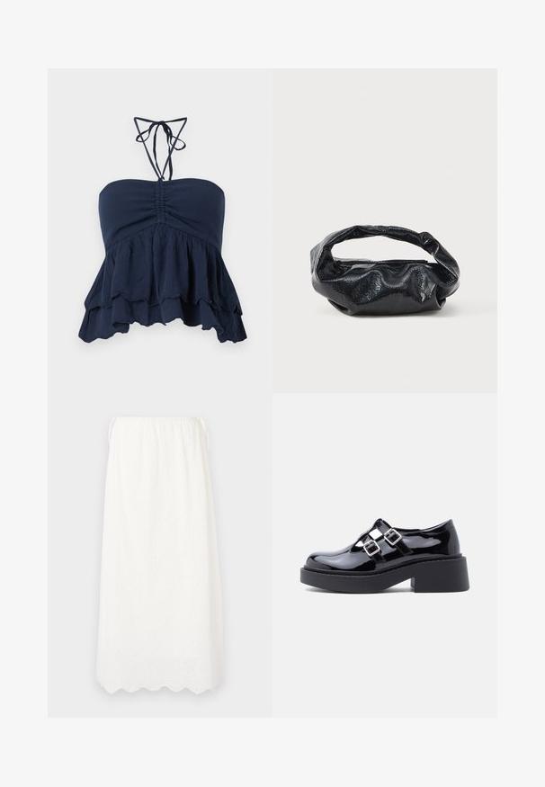 Top sin tirantes azul marino con un cuerpo fruncido, dobladillo con volantes y delgadas cintas al cuello. Tejido suave y texturizado con un ajuste relajado, ideal para un look casual.; DESIGNERS REMIX LUNA MAXI SKIRT - Falda larga - cream; Zapatos de plataforma de charol negro con tacón ancho, diseño recortado y dos hebillas plateadas a lo largo del empeine. Suela plana de goma.; Bolso negro hecho de un material brillante y texturizado con un asa circular retorcida y un cierre de cremallera. Presenta un diseño suave y arrugado.