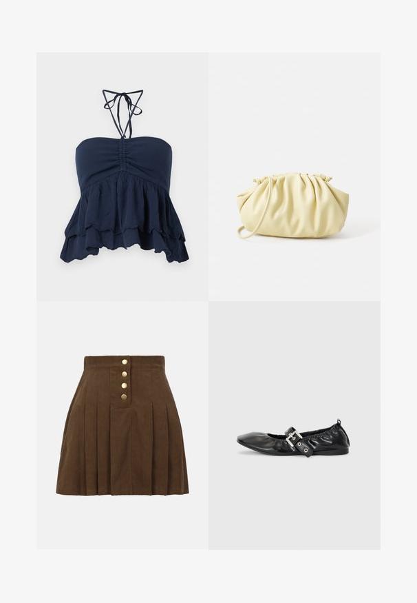 Marineblå strapless top med en samlet bodice, volangkant og tynde halssnore. Blødt, tekstureret stof med en afslappet pasform, ideel til afslappet brug.; Brun ribbet plisseret nederdel med høj talje og fire gyldne knapper ned foran i midten.; Sorte læder flade sko med spids tå, samling detaljer omkring åbningen, og en sølv spænde accent på den justerbare rem.; Gul plisseret håndtaske lavet af glat kunstlæder, med en blød form, en enkelt skulderrem og samlet topdesign.