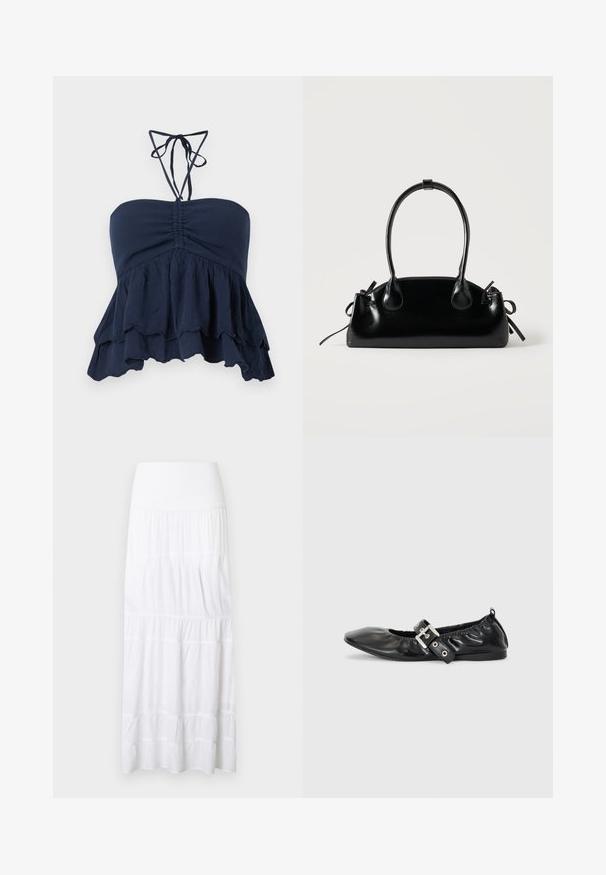 Marineblå strapless top med en samlet bodice, volangkant og tynde halssnore. Blødt, tekstureret stof med en afslappet pasform, ideel til afslappet brug.; Hvid, lagdelt maxinederdel lavet af letvægtsstof. Har elastisk taljebånd og subtil tekstur med vandrette sømme.; Sorte læder flade sko med spids tå, samling detaljer omkring åbningen, og en sølv spænde accent på den justerbare rem.; Lille sort blank håndtaske med to lange håndtag og snøre-detaljer i siden på en ensfarvet lys baggrund.