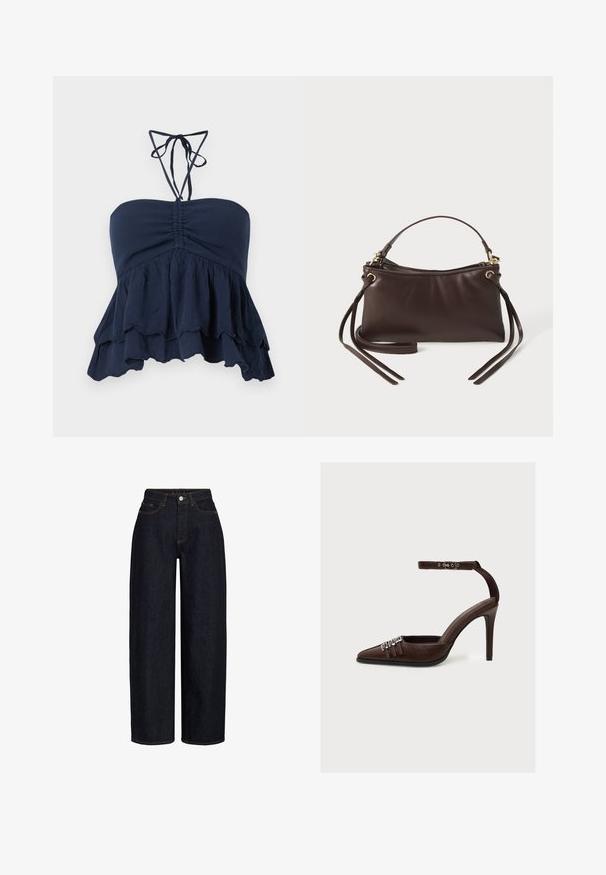 Marineblå strapless top med en samlet bodice, volangkant og tynde halssnore. Blødt, tekstureret stof med en afslappet pasform, ideel til afslappet brug.; Mørkeblå vidde jeans med høj talje, der har forlommer, lynlås foran og kontrasterende syning. Glat tekstur.; Brun læder højhælet sko med spids tå, tre dekorative sølvspænder foran og ankelrem med sølvspænde.; Brun læderhåndtaske med en buet top, en kort hank og lange remme. Har guld hardware og en glat overflade.
