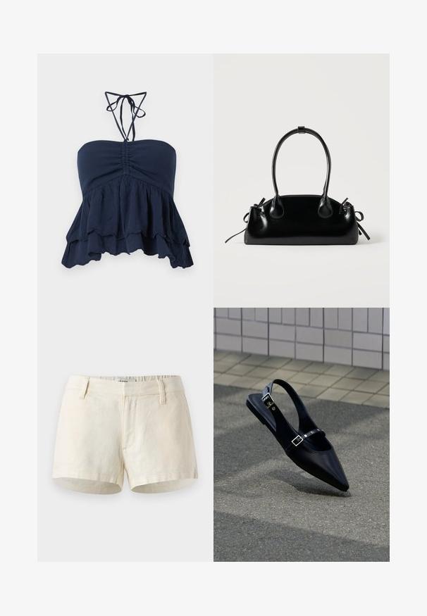 Navyblaues trägerloses Oberteil mit gefaltetem Oberteil, fransigem Saum und dünnen Halsschlaufen. Weicher, texturierter Stoff mit lockerer Passform, ideal für die Freizeit.; Helle beige Shorts aus Leinen. Mit flachem Bündchen, Fronttaschen und einem sauberen Saum. Einfaches, minimalistisches Design.; Schwarzer Slingback-Flachschuh mit spitz zulaufender Spitze und doppelten Schnallenriemen, ruhend auf grauem Asphalt nahe einer gefliesten Wand.; Kleine schwarze glänzende Handtasche mit zwei langen Griffen und seitlichen Kordelzug-Details vor einfachem hellem Hintergrund.