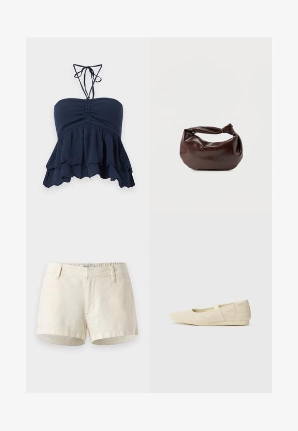 Marineblå strapless top med en samlet bodice, volangkant og tynde halssnore. Blødt, tekstureret stof med en afslappet pasform, ideel til afslappet brug.; Lys beige shorts lavet af linned. Har en flad talje, frontlommer og en ren kant. Simpelt, minimalistisk design.; Lysebrune ballet flats med en glat læderoverflade, mandelformet tå og elastisk rem over vristen, med diskrete syninger.; Mørkebrun læder skuldertaske med en blød, afslappet form og et snoet knudehåndtag på en ensartet hvid baggrund.