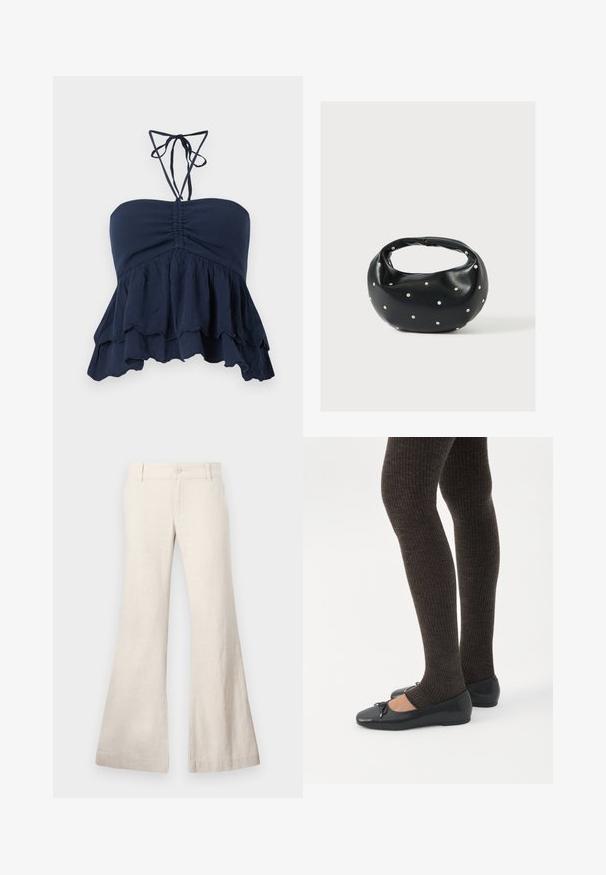 Top sin tirantes azul marino con un cuerpo fruncido, dobladillo con volantes y delgadas cintas al cuello. Tejido suave y texturizado con un ajuste relajado, ideal para un look casual.; Pantalones beige acampanados confeccionados en una mezcla de lino ligera. Cuentan con un cierre de botón en la parte delantera y bolsillos laterales. Textura suave, diseño casual.; Piernas con leggings oscuros acanalados combinados con bailarinas negras que presentan pequeños detalles de lazo sobre un fondo blanco.; Bolso de mano de cuero negro con forma redondeada, decorado con detalles de tachuelas plateadas y un asa corta. Textura lisa y cierre con cremallera.