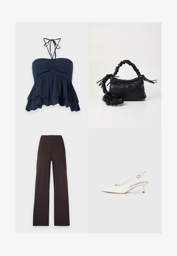 Top sin tirantes azul marino con un cuerpo fruncido, dobladillo con volantes y delgadas cintas al cuello. Tejido suave y texturizado con un ajuste relajado, ideal para un look casual.; Pantalones de pierna ancha de color marrón oscuro hechos de tela suave. Presentan una cintura plana y dos bolsillos delanteros, diseñados para brindar comodidad y facilitar el movimiento.; Zapatos de tacón blanco tipo slingback con punta afilada, hechos de cuero suave. Presentan un tacón delgado y una correa con hebilla para un ajuste seguro.; Bolso de mano de imitación cuero negro con textura de cocodrilo, parte superior fruncida y correa arrugada. Presenta un diseño suave y compacto.