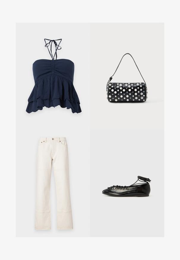 Marineblå strapless top med en samlet bodice, volangkant og tynde halssnore. Blødt, tekstureret stof med en afslappet pasform, ideel til afslappet brug.; Viddebenede, høj talje jeans lavet af beige denim. Har lommer, en front knaplukning og kontrasterende syninger langs sømmene.; Sorte balletflade sko i laklæder med rundet tå, snørelukning og flad sål. Glat tekstur med få detaljer.; Sort læderhåndtaske med rund form, dekoreret med sølvnitter. Har en aftagelig rem og lynlås. Glat tekstur.