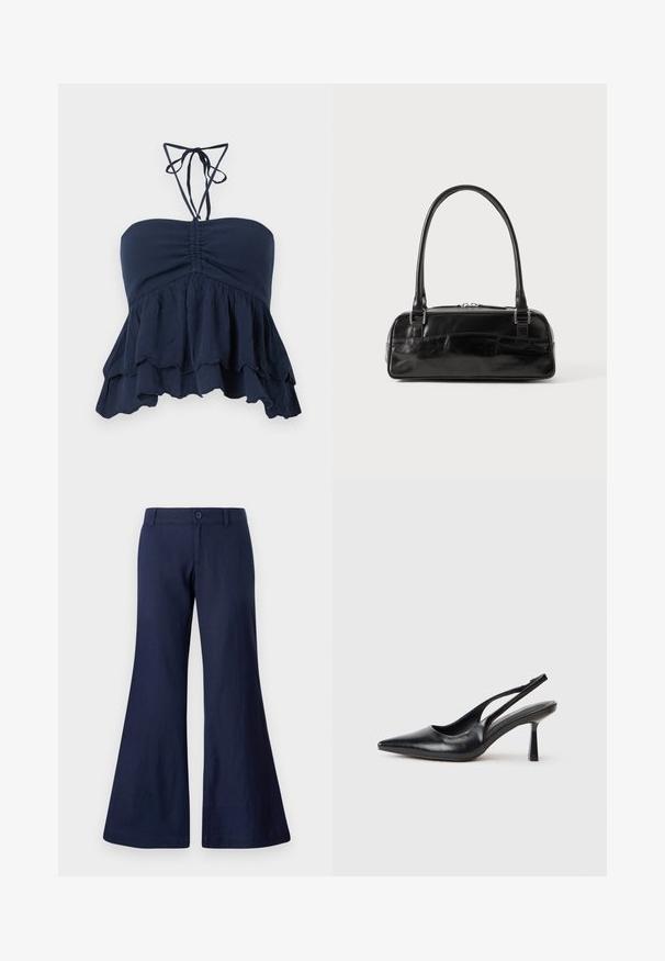 Top sin tirantes azul marino con un cuerpo fruncido, dobladillo con volantes y delgadas cintas al cuello. Tejido suave y texturizado con un ajuste relajado, ideal para un look casual.; Pantalones acampanados azul marino hechos de algodón, con cierre de botón, presillas para cinturón y una textura suave con aberturas de pierna anchas.; Zapato de tacón alto negro de cuero con puntera afilada y tacón delgado sobre un fondo blanco.; Bolso de mano de cuero negro con forma rectangular, equipado con un asa estructurada, herrajes en plata y cierre de cremallera. Textura suave.