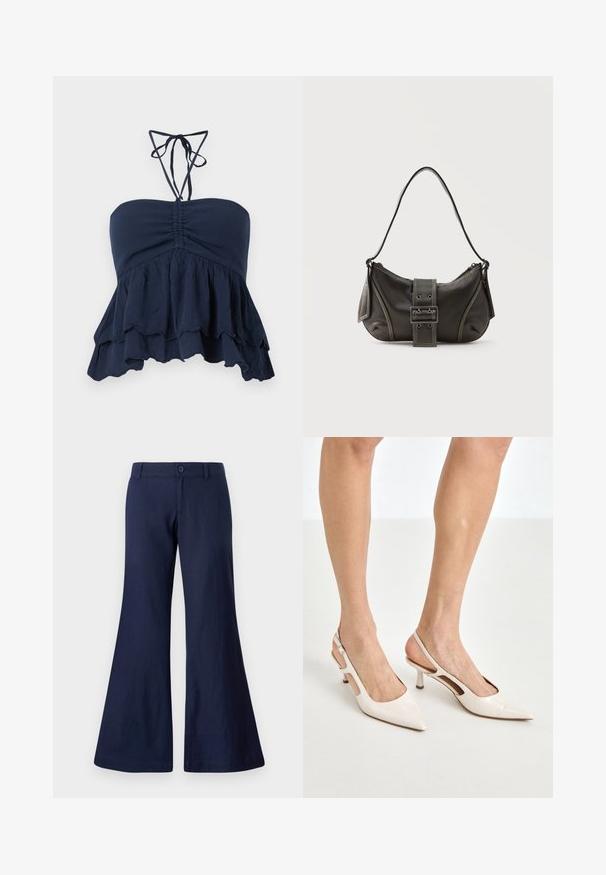 Marineblå strapless top med en samlet bodice, volangkant og tynde halssnore. Blødt, tekstureret stof med en afslappet pasform, ideel til afslappet brug.; Marineblå flagrende bukser lavet af bomuld, med en knaplukning, bæltestropper og en glat tekstur med brede benåbninger.; Beige patenterede læder slingback hæle med spids tå og 5 cm hæl, med udskårne sider og en tynd ankelrem.; Sort læder skuldertaske med spænde på remmen, afrundede kanter og kontrasterende hvide syninger på en ensfarvet baggrund.