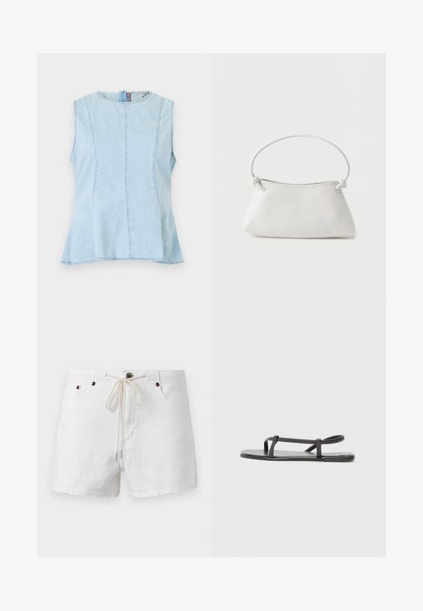Haut sans manches en denim bleu clair avec détails de coutures, encolure ronde et fermeture éclair au dos.; Shorts blancs décontractés avec poches avant et taille à cordon nouée en nœud, présentés sur un fond uni.; Sandales plates noires avec des sangles fines et texturées, au design minimaliste. La semelle est lisse et la forme globale est élégante et discrète.; Sac à main en cuir tressé blanc avec poignée arrondie et extrémités de lanière nouées, présenté sur un fond uni.
