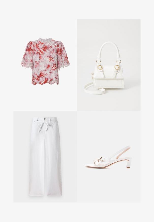 Blusa corta de manga corta en rojo y blanco con patrones de encaje floral, bordes festoneados y un cuello alto con un intrincado ribete y detalles de corte.; Pantalones anchos de algodón de color blanco. Presentan un lazo ajustable en la cintura y un cierre con botón. Textura suave con un diseño minimalista.; Sandalia blanca de tacón medio con tiras delanteras que incluyen detalles de hebilla dorada y punta en punta, sobre fondo blanco.; Bolso de mano de imitación cuero blanco con un diseño estructurado, acentos en hardware dorado, doble asa superior y una correa para el hombro ajustable.
