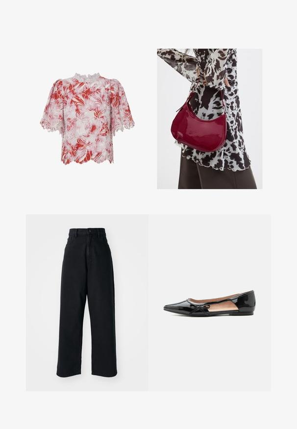 Blusa corta de manga corta en rojo y blanco con patrones de encaje floral, bordes festoneados y un cuello alto con un intrincado ribete y detalles de corte.; Jeans anchos de tiro alto en negro, con bolsillos frontales y cierre de botón, exhibidos sobre un fondo blanco liso.; Zapato plano puntiagudo de charol negro con corte lateral y pequeño lazo decorativo en el borde exterior.; Mujer con blusa de estampado en blanco y negro sosteniendo un bolso de hombro rojo brillante sobre un fondo liso.