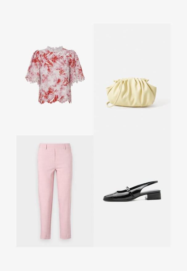Blouse rouge et blanche à manches courtes ornée de motifs floraux en dentelle, de bords scallopés et d'un col haut avec des ornements complexes et des découpes.; Pantalon rose clair, en tissu texturé. Coupe droite avec une taille, plis à l'avant et jambes effilées. Pas de poches visibles.; Chaussure slingback en cuir verni noir avec un petit talon bloc et une fine bride avec une boucle argentée sur le dessus.; Sac à main plissé jaune en simili cuir lisse, arborant une forme douce avec une bandoulière unique et un design froncé sur le dessus.
