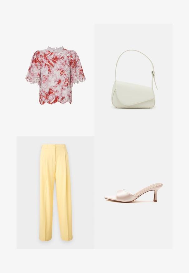 Blusa corta de manga corta en rojo y blanco con patrones de encaje floral, bordes festoneados y un cuello alto con un intrincado ribete y detalles de corte.; Pantalones de talle alto en amarillo claro con cierre de botón y cremallera, corte recto de pierna ancha y diseño delantero plano.; Mule beige de punta abierta con tacón fino de altura media y una amplia correa lisa sobre el pie.; Bolso de mano de imitación cuero blanco con una forma triangular estructurada, correa ajustable única y cierre con solapa acentuada en curva.