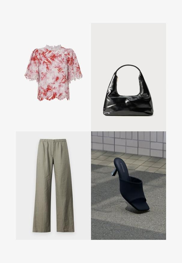 Blouse rouge et blanche à manches courtes ornée de motifs floraux en dentelle, de bords scallopés et d'un col haut avec des ornements complexes et des découpes.; Samsøe Samsøe SATOVE TROUSERS - Pantalon classique - vetiver; Mule noire à bout ouvert, talon bloc et bout carré, avec la marque "EVEN&ODD", posée sur un sol en pavé gris près d'un mur carrelé.; Sac à main en cuir verni noir avec une anse semi-circulaire, forme trapézoïdale, texture lisse et une fermeture éclair simple.