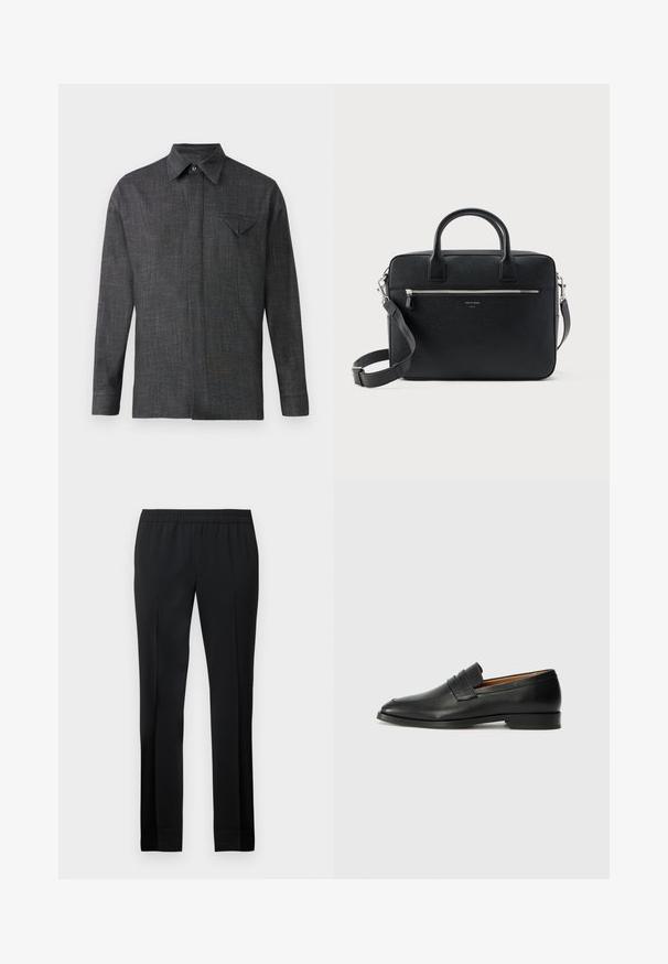 Chemise grise à manches longues en tissu texturé. Elle présente un col pointu et une petite poche sur la poitrine avec un rabat triangulaire.; Pantalon noir avec une taille élastique, jambes droites et une texture lisse. Présente des lignes épurées et ne comporte pas de poches visibles ni d'ornementations.; Mocassin en cuir noir avec un bout arrondi, des coutures subtiles et un talon bas, présentant une texture lisse et un design minimaliste.; Serviette rectangulaire en cuir noir texturé avec double poignée, poche avant zippée et bandoulière réglable présentée sur fond blanc.