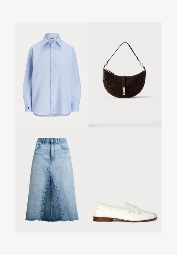 Svetlomodrá košeľa s dlhým rukávom na gombíky, so špicatým golierom a malým vyšívaným logom na ľavom manžete.; Polo Ralph Lauren PANELED DENIM A LINE SKIRT - sukňa v tvare A - lindale wash; Bílé kožené mokasíny s texturovaným povrchem, zaoblenou špičkou a tkaným detailem. Nízký dřevěný podpatek a minimalistický design.; Tmavohnedá semišová kabelka v tvare polmesiaca so zapleteným lemom, koženým remienkom a striebornou sponou s malým logom koňa.