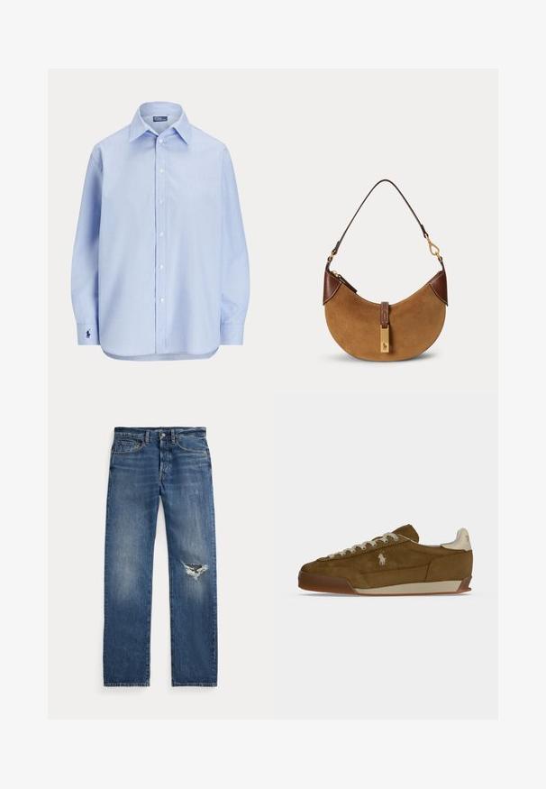 Lyseblå langærmet skjorte med knapper, spids krave og lille broderet logo på venstre manchet.; Blå denim jeans med medium talje, fem lommer og et hullet slid på højre knæ.; Brun ruskind sneaker med cremefarvede snørebånd, tyk sål og et lille hvidt broderet logo på siden.; Brun ruskind halv-måne taske med mørkebrune læderdetaljer, guldfarvet hardware og kort skulderrem.