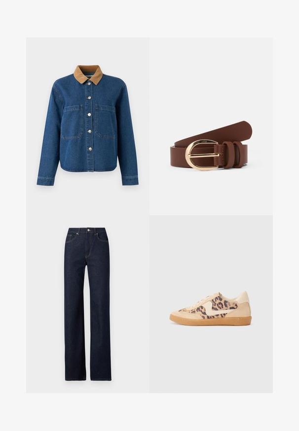 Jeansjacke mit einem braunen Cordkragen, vorderer Knopfverschluss, zwei großen Brusttaschen und einem lässigen Schnitt. Blaue Stoff mit subtiler Struktur.; Dunkelblaue Denim-Jeans mit geradem Bein, klassischem Fünf-Taschen-Stil, sichtbaren Nähten und einem Frontknopfverschluss.; Löwenmuster-Sneaker mit beige Wildleder-Obermaterial, tanfarbener Gummisohle und weißen Akzenten. Runde Zehenform und Schnürdesign mit strukturiertem Finish.; Brauner Ledergürtel mit einer glänzenden goldenen Schnalle und zwei Lederschlaufen. Glatte Textur, flaches Design und abgerundete Enden.