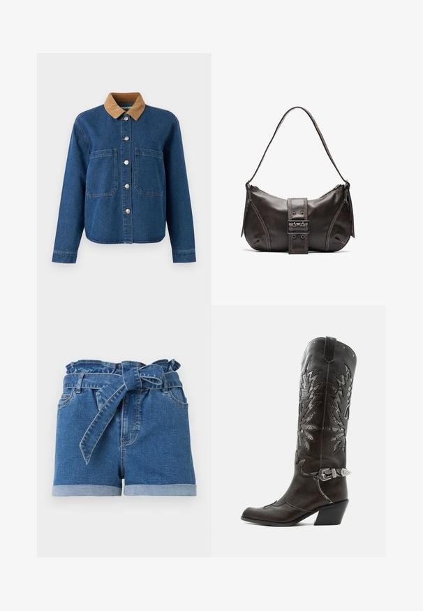 Jeansjacke mit einem braunen Cordkragen, vorderer Knopfverschluss, zwei großen Brusttaschen und einem lässigen Schnitt. Blaue Stoff mit subtiler Struktur.; Blaue Jeansshorts mit aufgerollten Beinabschlüssen und hoher Taille, ausgestattet mit einem gebundenen Stoffgürtel und Gürtelschlaufen.; Schwarzer Leder-Cowboystiefel mit dekorativen Ausschnitten, silberner Schnalle und schräger Ferse, auf weißem Hintergrund dargestellt.; Braune Lederumhängetasche mit gebogener Form, die mit einem auffälligen Schnallendetail, kontrastierenden Nähten und einem einzigen Schulterriemen ausgestattet ist.