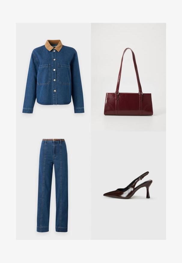 Jeansjacke mit einem braunen Cordkragen, vorderer Knopfverschluss, zwei großen Brusttaschen und einem lässigen Schnitt. Blaue Stoff mit subtiler Struktur.; Dunkelblaue Denim-Jeans mit geradem Schnitt, hoher Taille und geflochtenem braunem Gürtel. Sie verfügen über kontrastierende Nähte entlang der Seitennähte.; Braune lackleder Slingback-Absätze mit spitzem Zehen, einem dünnen Absatz und einem verstellbaren Riemen mit einer kleinen Schnalle.; Burgunderfarbene Handtasche aus glänzendem Material, rechteckige Form, mit zwei Schulterriemen und subtilen, geschwungenen Akzenten an der Vorderseite.